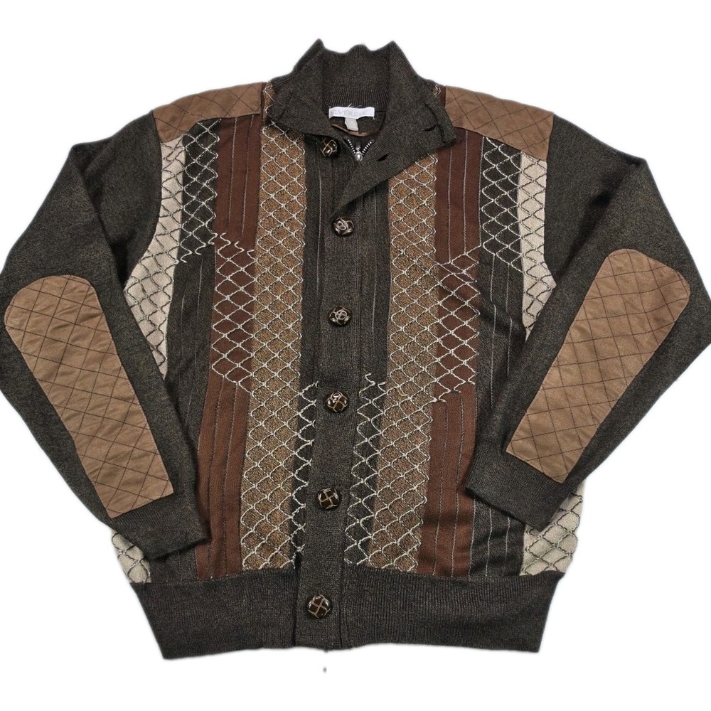Vintage SilverSilk Brown Suede Elbow Patches Cardigan Size Men's M  Button & Zip